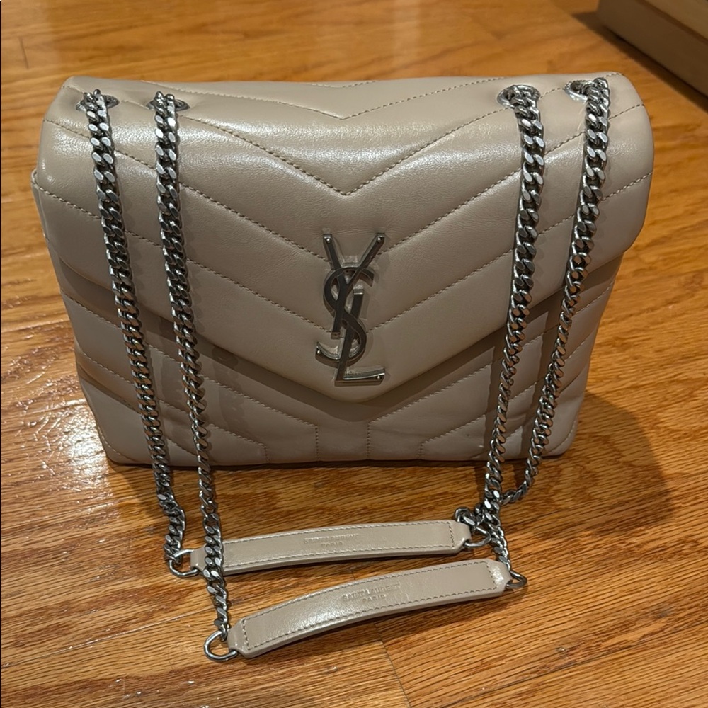 Yves Saint Laurent Taupe beige Quilted silver Chain LouLou chevron leather Bag